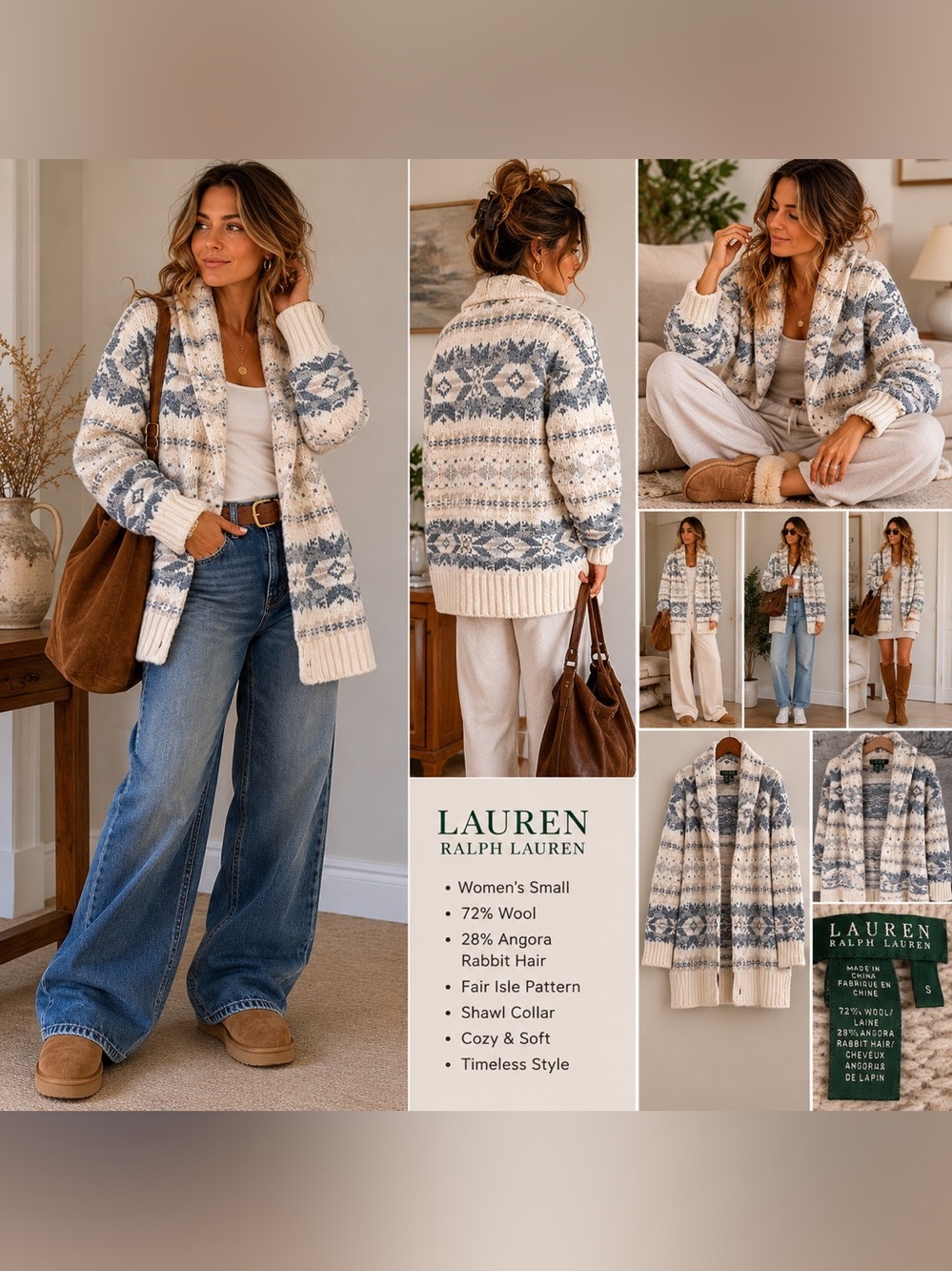 Vintage Lauren Ralph Lauren Wool Angora Fair Isle Shawl Cardigan Sweater